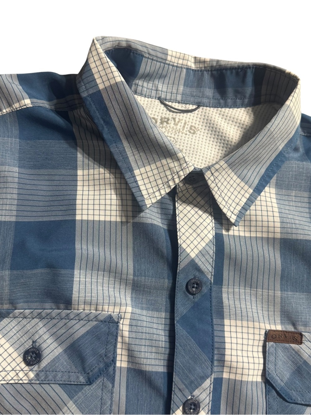 Orvis Shirt Mens XL Blue Plaid Short Sleeve Button Up Outdoor Hike Fish